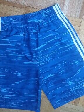 adidas Blue Wave Print Athletic Shorts with White Stripes